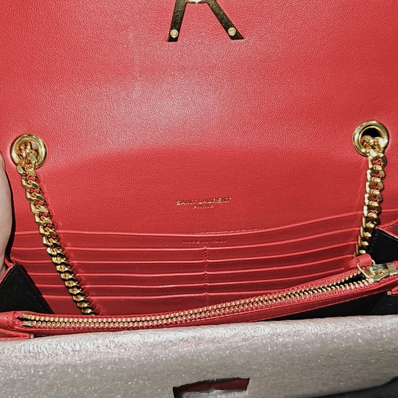 Saint Laurent Red Quilted Leather Shoulder Bag with Gold YSL Logo - Picture 6 of 11